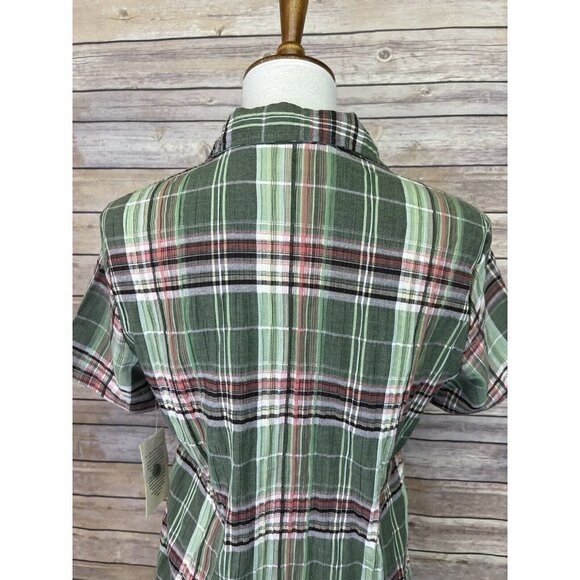 Baxter & Wells Small NWT Plaid Button Front Blouse Green Pink Short Sleeve Top - Picture 6 of 10